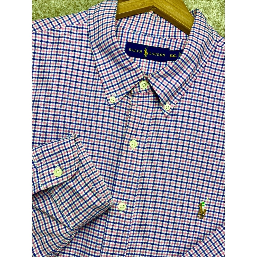 Ralph Lauren Plaid Button Down Shirt Mens XXL Pink Navy Blue Long Sleeve Preppy